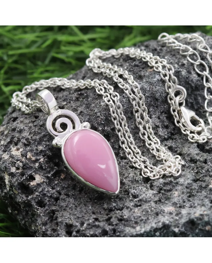 Pink Opal Pendant Necklace, 925 Sterling Silver Handmade Boho Jewelry