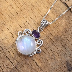 Rainbow Moonstone Pendant, Silver Necklaces, Amethyst Pendant, Designer Pendant, Statement Pendant, Charm Pendant, Gifts for Her