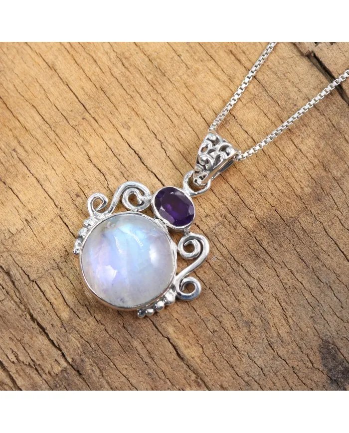 Rainbow Moonstone & Amethyst Pendant - 925 Sterling Silver Necklace