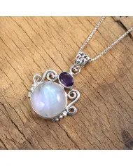 Rainbow Moonstone & Amethyst Pendant - 925 Sterling Silver Necklace