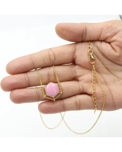 18K Gold Plated Pink Opal Pendant Necklace Hexagon Geometric Jewelry