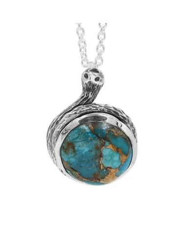 925 Sterling Silver Blue Copper Turquoise Snake Pendant Necklace