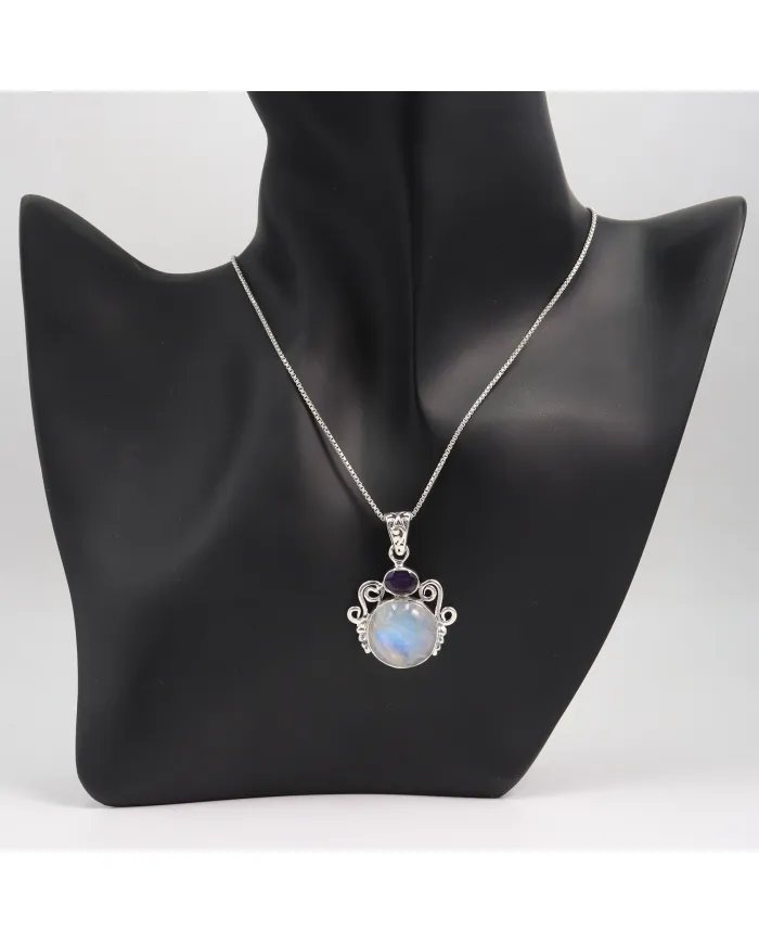 Rainbow Moonstone & Amethyst Pendant - 925 Sterling Silver Necklace