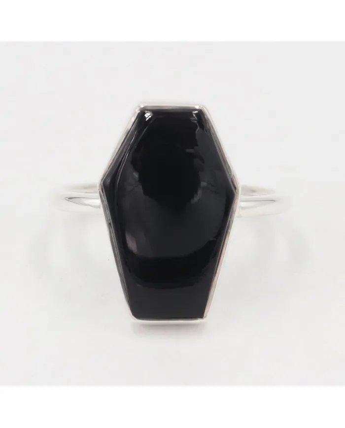 Natural Black Onyx Coffin Shape Ring - 925 Sterling Silver Statement Jewelry