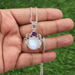 Rainbow Moonstone Pendant, Silver Necklaces, Amethyst Pendant, Designer Pendant, Statement Pendant, Charm Pendant, Gifts for Her