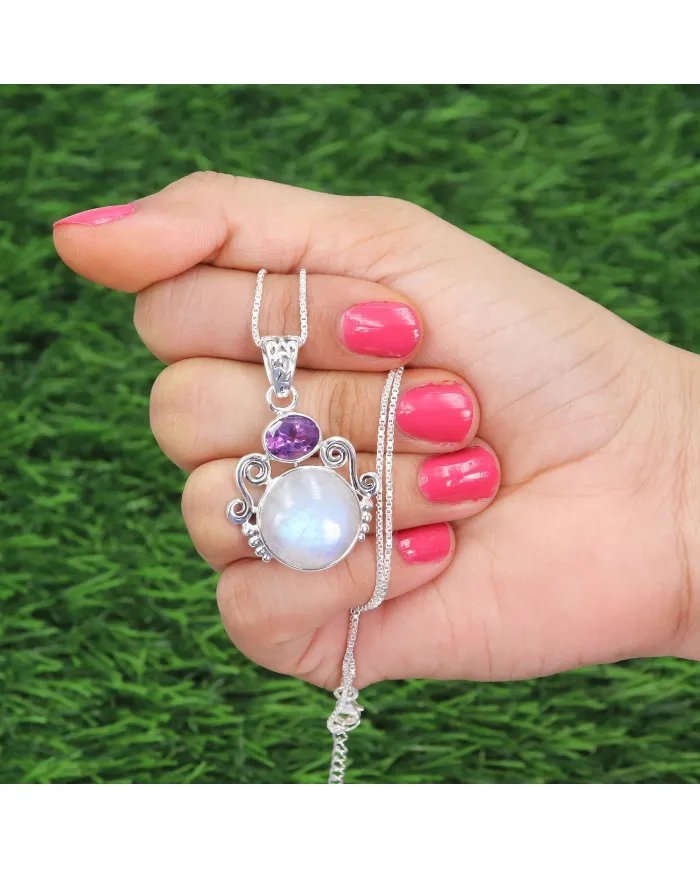 Rainbow Moonstone & Amethyst Pendant - 925 Sterling Silver Necklace
