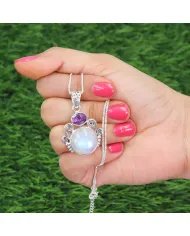 Rainbow Moonstone & Amethyst Pendant - 925 Sterling Silver Necklace