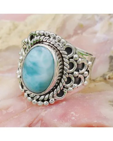 Natural Larimar Ring - 925 Sterling Silver Boho & Vintage Jewelry