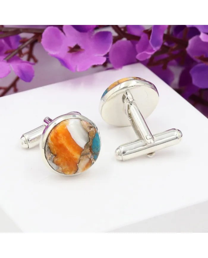 Orange Spiny Oyster Turquoise Cufflinks - 925 Silver Men's Accessories