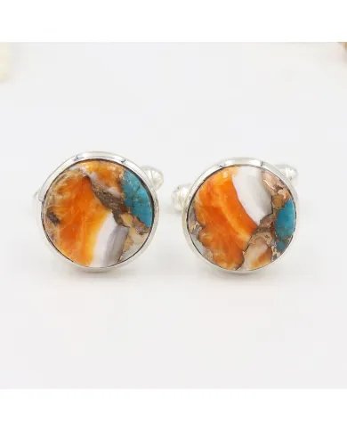 Orange Spiny Oyster Turquoise Cufflinks - 925 Silver Men's Accessories