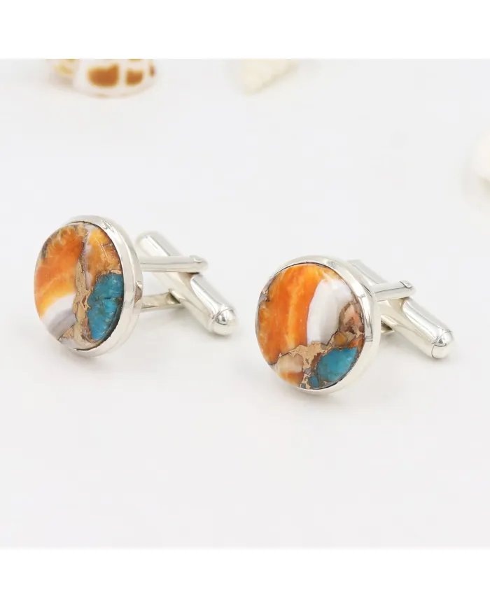 Orange Spiny Oyster Turquoise Cufflinks - 925 Silver Men's Accessories
