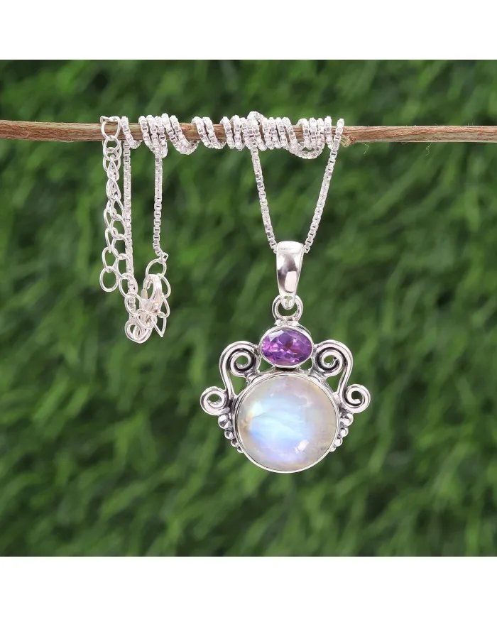 Rainbow Moonstone & Amethyst Pendant - 925 Sterling Silver Necklace
