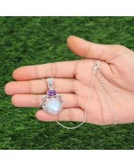 Rainbow Moonstone & Amethyst Pendant - 925 Sterling Silver Necklace