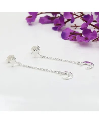 925 Sterling Silver Half Moon Star Chain Earrings - Handmade Jewelry