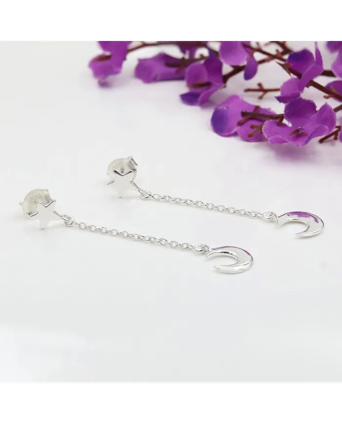 925 Sterling Silver Half Moon Star Chain Earrings - Handmade Jewelry