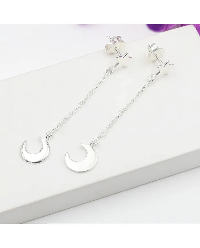 925 Sterling Silver Half Moon Star Chain Earrings - Handmade Jewelry