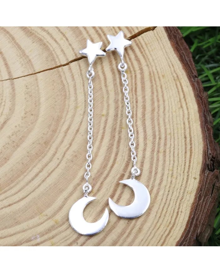 925 Sterling Silver Half Moon Star Chain Earrings - Handmade Jewelry