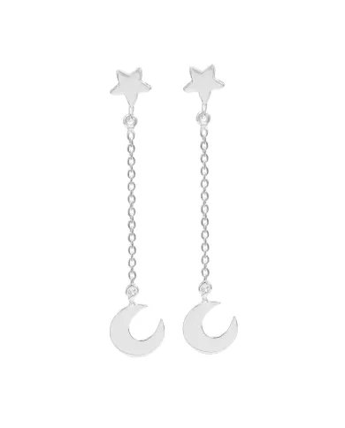 925 Sterling Silver Half Moon Star Chain Earrings - Handmade Jewelry