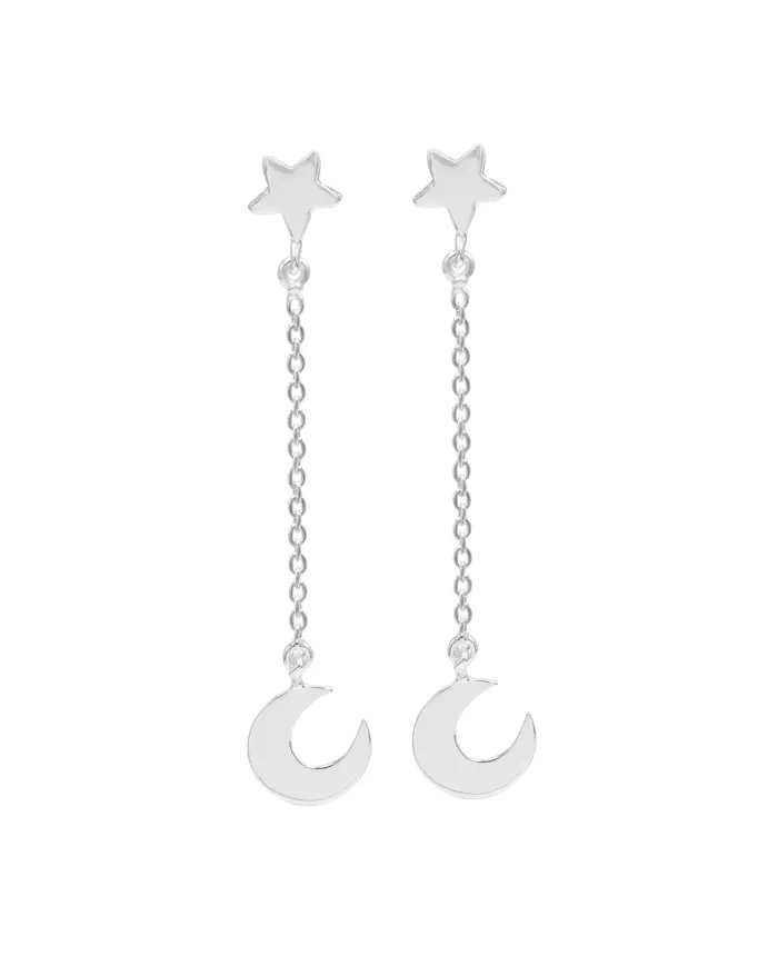925 Sterling Silver Half Moon Star Chain Earrings - Handmade Jewelry