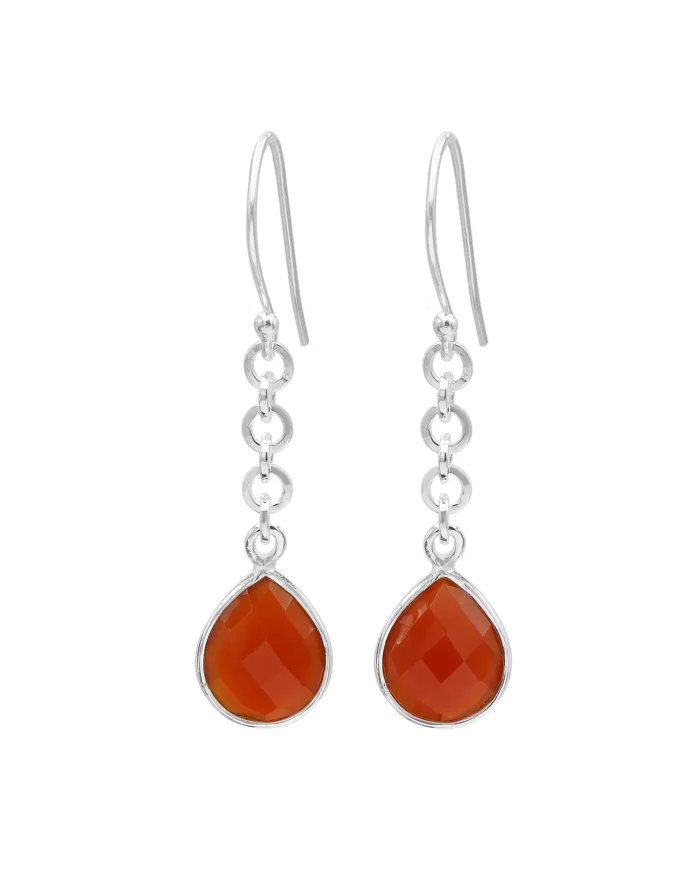 Natural Red Onyx Chain Earrings - 925 Sterling Silver Handmade Jewelry