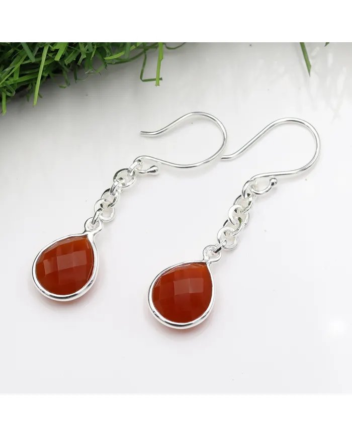 Natural Red Onyx Chain Earrings - 925 Sterling Silver Handmade Jewelry
