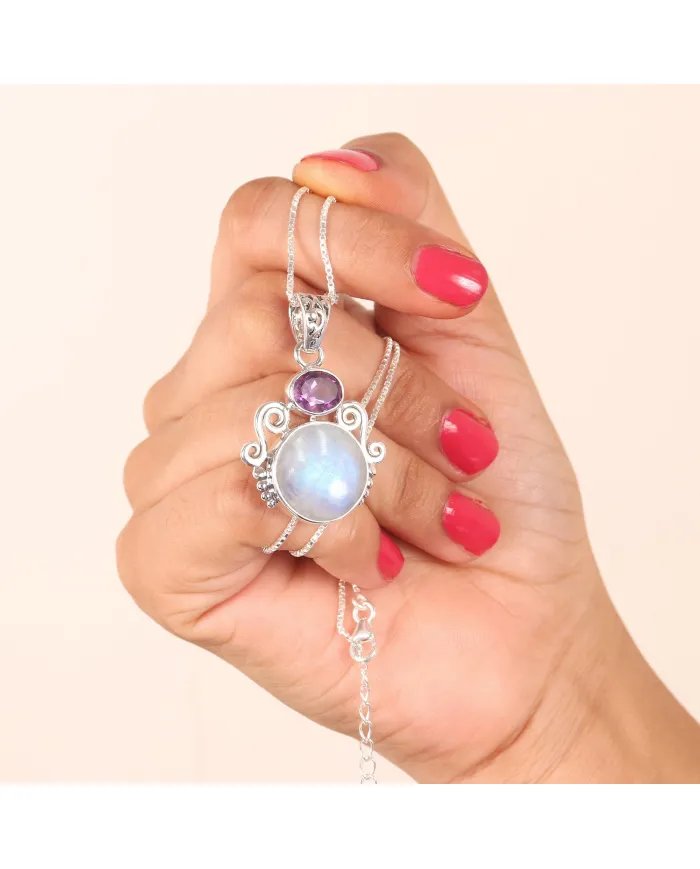 Rainbow Moonstone & Amethyst Pendant - 925 Sterling Silver Necklace