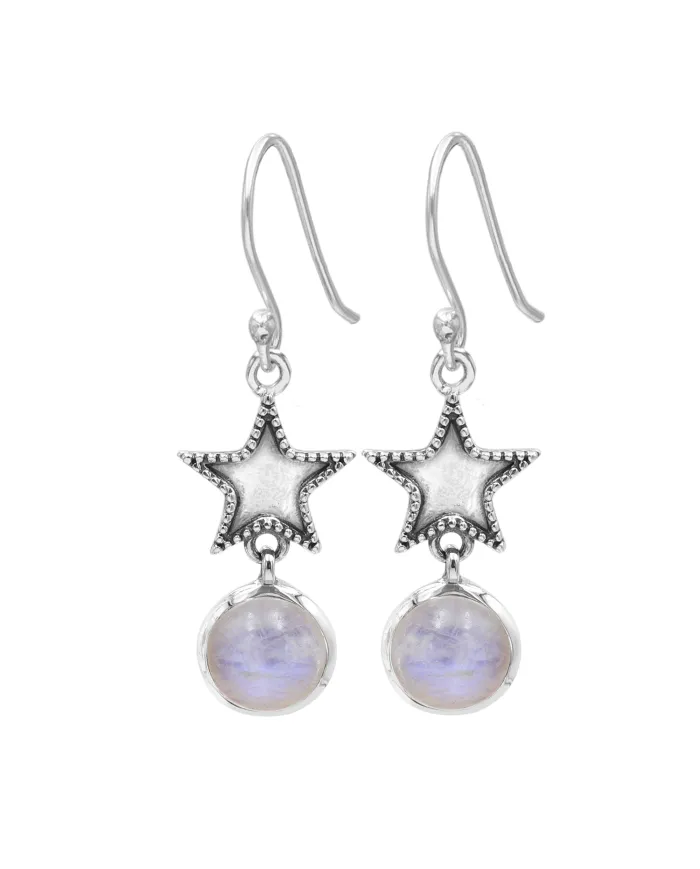 Moonstone Star Dangle Earrings - 925 Sterling Silver Celestial Jewelry