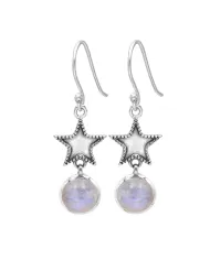 Rainbow Moonstone Star Dangle Earrings | 925 Sterling Silver