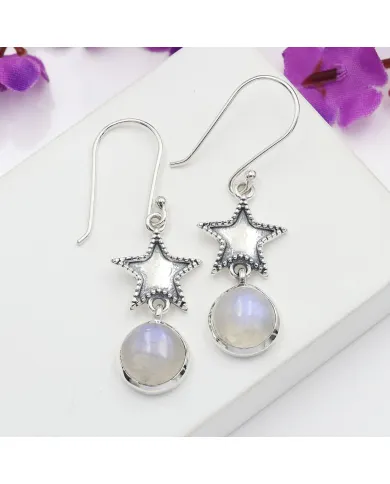 Moonstone Star Dangle Earrings - 925 Sterling Silver Celestial Jewelry