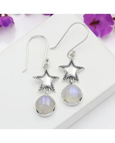 Rainbow Moonstone Earrings - 925 Sterling Silver Handmade Star Design