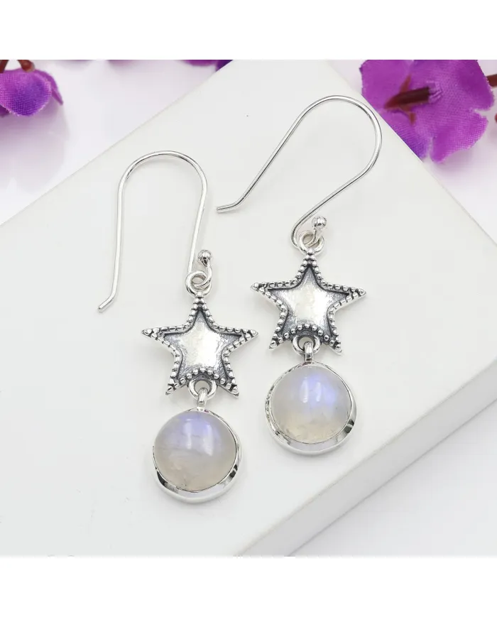 Moonstone Star Dangle Earrings - 925 Sterling Silver Celestial Jewelry
