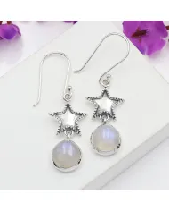 Moonstone Star Dangle Earrings - 925 Sterling Silver Celestial Jewelry