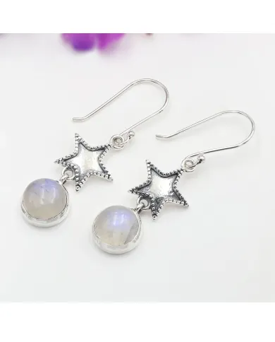 Moonstone Star Dangle Earrings - 925 Sterling Silver Celestial Jewelry