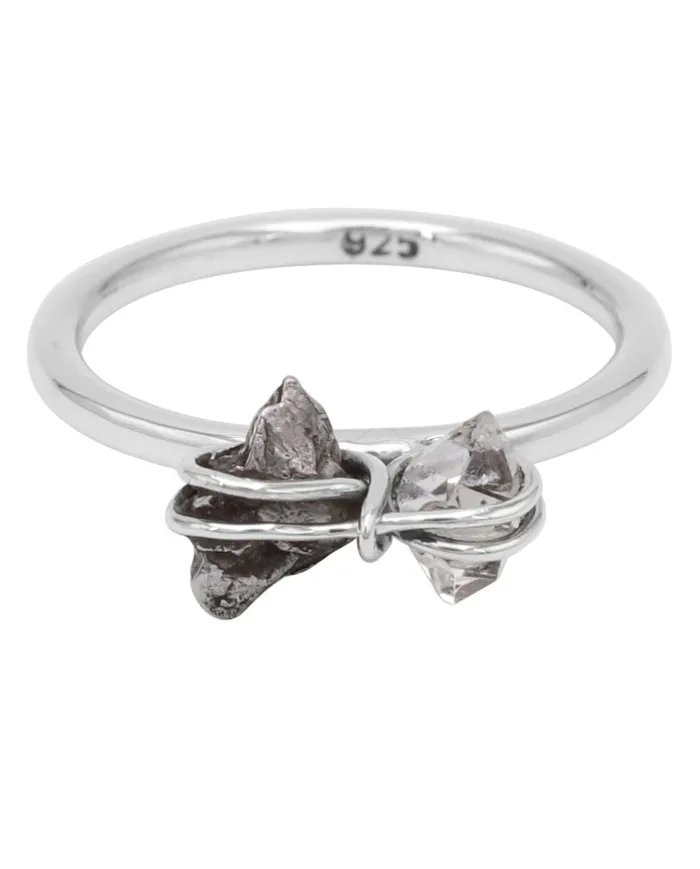 Natural Meteorite Ring with Herkimer Diamond - Sterling Silver Jewelry