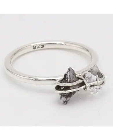 Natural Meteorite Ring with Herkimer Diamond - Sterling Silver Jewelry