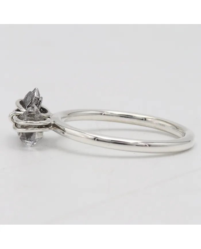 Natural Meteorite Ring with Herkimer Diamond - Sterling Silver Jewelry