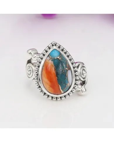 Orange Spiny Turquoise Ring - 925 Sterling Silver Handmade Boho Jewelry