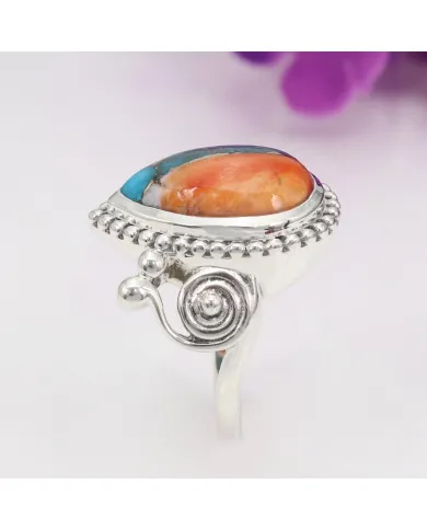 Orange Spiny Oyster Turquoise 925 Silver Pear Cabochon Boho Ring