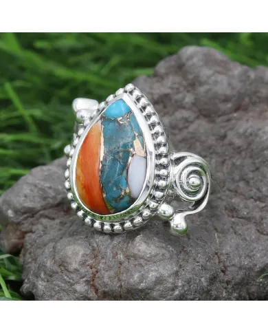 Orange Spiny Oyster Turquoise 925 Silver Pear Cabochon Boho Ring