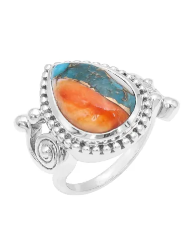 Orange Spiny Oyster Turquoise 925 Silver Pear Cabochon Boho Ring