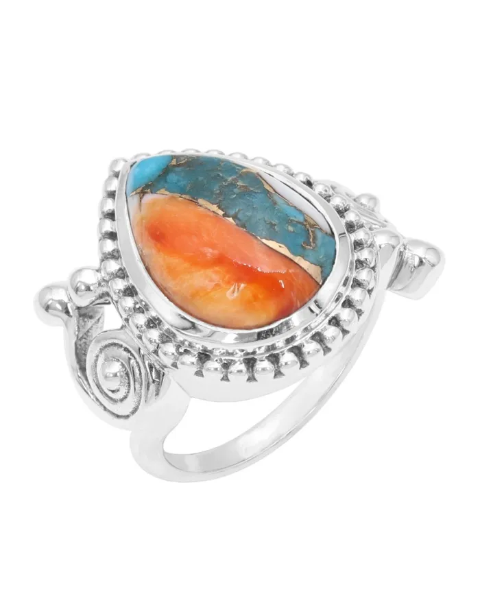 Orange Spiny Oyster Turquoise 925 Silver Pear Cabochon Boho Ring