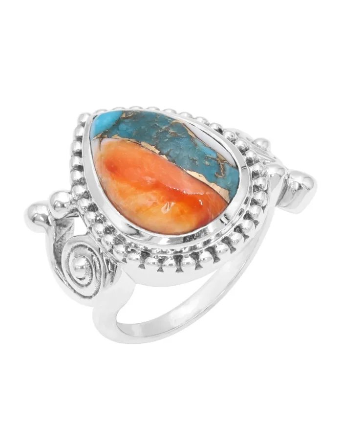 Orange Spiny Turquoise Ring - 925 Sterling Silver Handmade Boho Jewelry
