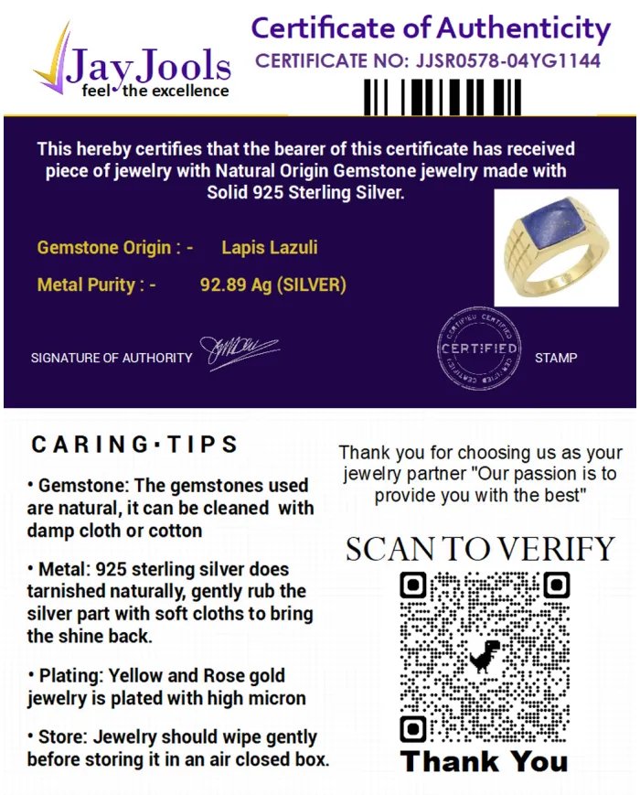 Lapis Lazuli Ring - Gold Plated 925 Sterling Silver Men’s Jewelry