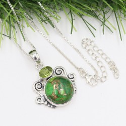 Green Copper Turquoise Necklaces, 925 Silver Pendant, Women's Pendant, Peridot Pendant, Round Gemstone Pendant, Designer Pendant