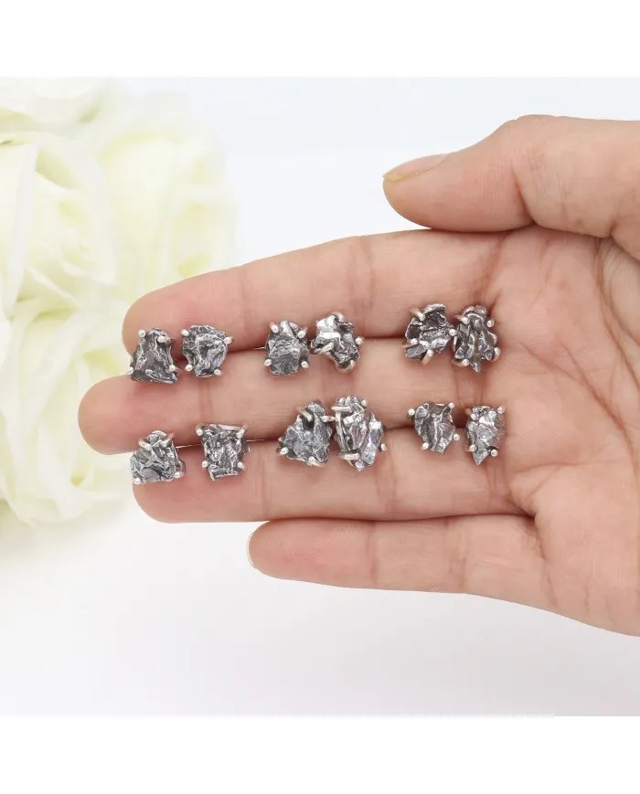 Raw Meteorite Studs: Handmade 925 Sterling Silver Gemstone Jewelry