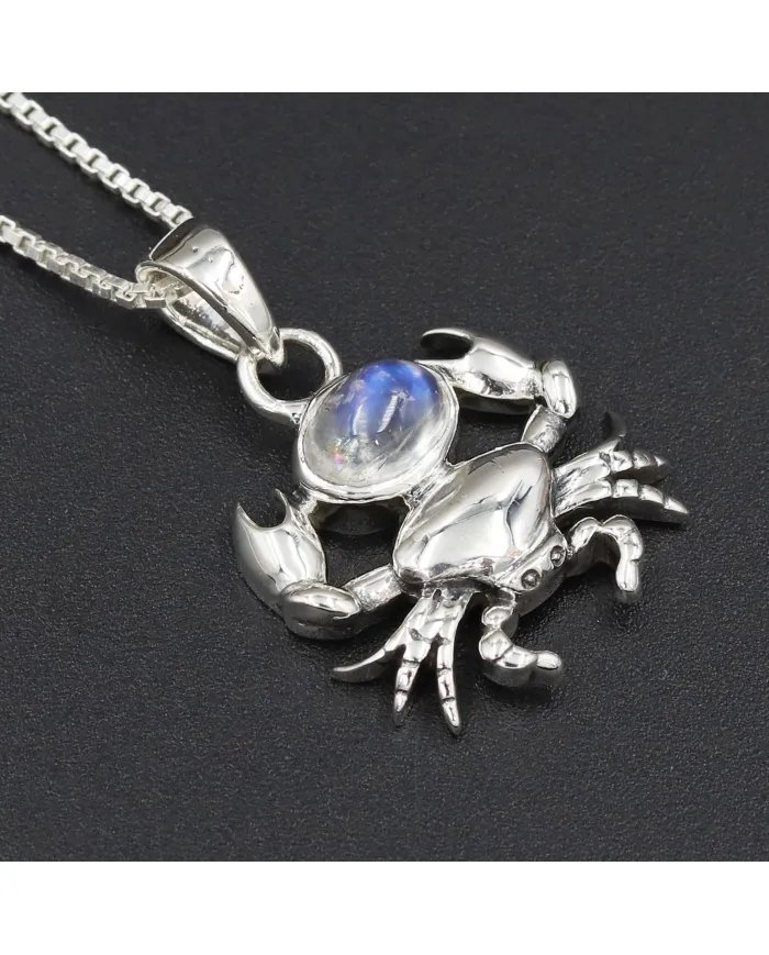 Rainbow Moonstone Crab Pendant - 925 Sterling Silver Jewelry