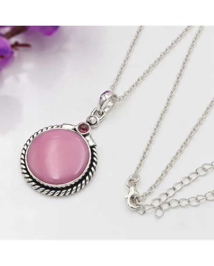 Pink Opal Pendant - 925 Sterling Silver Tourmaline Gemstone Jewelry
