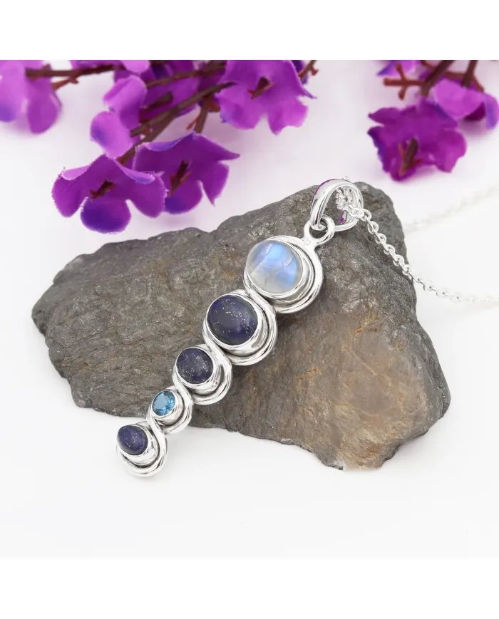 Rainbow Moonstone Pendant with Lapis & Blue Topaz – 925 Silver Jewelry