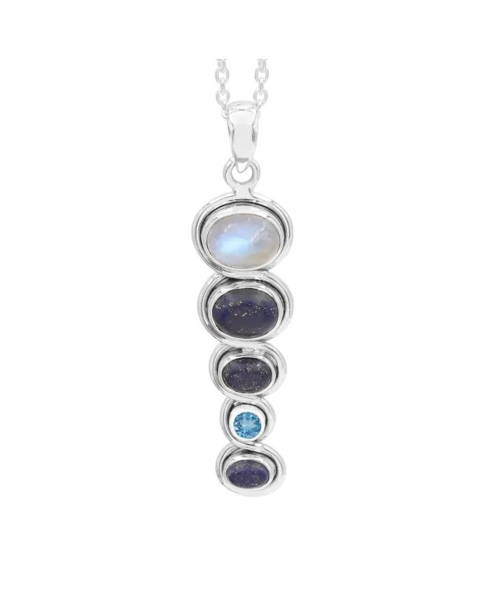 Rainbow Moonstone Pendant with Lapis & Blue Topaz – 925 Silver Jewelry