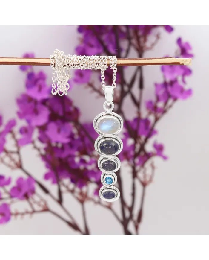 Rainbow Moonstone Pendant with Lapis & Blue Topaz – 925 Silver Jewelry